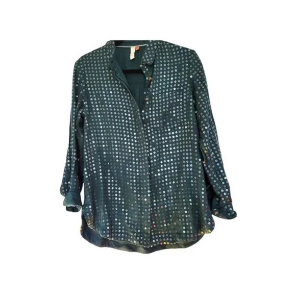 NWT!! Anthropologie Teal Pilcro Sequined Sequin Button Up Top M - Picture 2 of 6